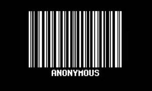 Een witte barcode op zwarte achtergrond met pixeltekst die anonymous leest. — Meme Achtergronden