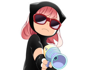 Ragazza chibi anime con capelli rosa e occhiali da sole rossi che tiene un megafono colorato. — X Sfondi