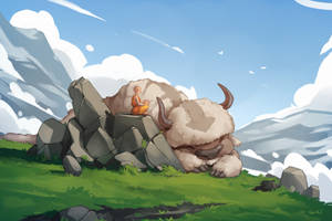 En munk mediterer på en klippe ved siden af en sovende yak i en bjergeng. — Appa Wallpapers