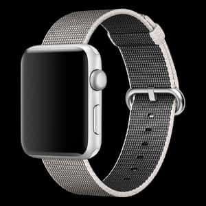 Sølv smartur med grå vævet rem på sort baggrund — Apple Watch Wallpapers