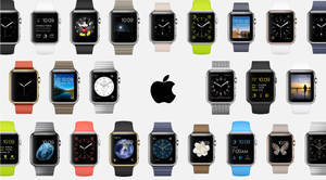 Raster van Apple Watch-modellen met verschillende wijzerplaten en banden. — Apple Watch Achtergronden