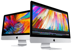 Twee Apple iMacs met kleurrijke abstracte achtergronden op zwarte achtergrond. — Apple Mac Desktop Achtergronden