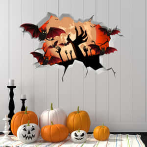 Autocollant mural d'Halloween avec des chauves-souris et des mains de zombie au-dessus de citrouilles sculptées. — Applicable Fonds d'écran