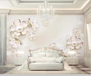Chambre élégante avec papier peint floral blanc et lustre en cristal. — Applicable Fonds d'écran