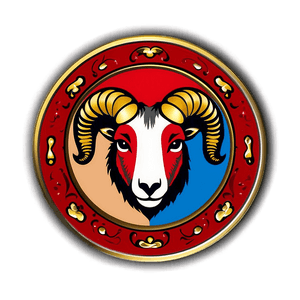 A colorful ram emblem with golden horns and red blue face against a decorative gold border. — Astro Wallpaper