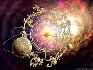 Zodiac wheel with constellations orbiting planets in a colorful nebula. — Astro Wallpaper