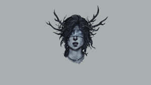 A blindfolded woman with antlers growing from her hair in a monochrome illustration. — Authentic Wallpaper