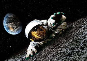Astronaut kriecht auf der Mondoberfläche mit der Erde im Hintergrund — Planet Wallpaper