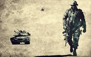 Soldado marchando con tanque y helicóptero en escena de combate. — Militar Fondos de pantalla