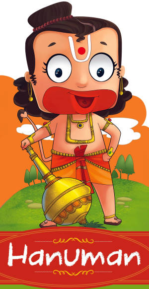 Chibi Hanuman segurando uma maça dourada em uma colina verde com céu laranja. — Erva Papéis de Parede