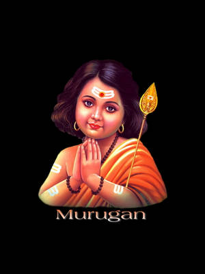Child deity Murugan in orange dhoti holding golden spear with hands in prayer pose. — God Wallpaper