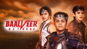 Three young heroes in fantasy armor under a fiery orange sky with 'Baalveer Returns' title. — Fantasy Wallpaper
