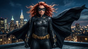 Batwoman with red hair and black cape stands on a rooftop overlooking a lit city at night. — Ruby Rose Wallpaper