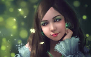 Anime girl with green eyes and butterflies in a glowing green forest. — Beautiful Artistic Wallpaper