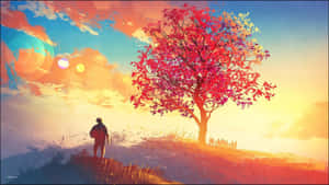 Person standing under a colorful tree at sunset with vibrant sky. — Beautiful Artistic Wallpaper