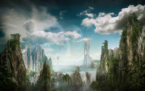 Fantasy mountain range with waterfalls and a glowing ring in the sky. — Fantasy Wallpaper
