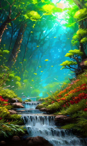 Vibrant forest waterfall with sunlight filtering through canopy and colorful flowers. — Yellow Wallpaper