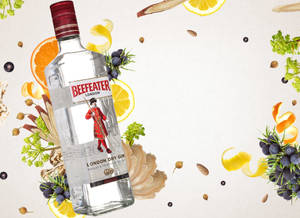 Beefeater gin bottle surrounded by citrus and herbs. — Fruits Wallpaper