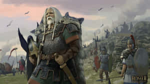 Viking warrior with wolf pelt armor leading army on battlefield at dusk. — War Wallpaper