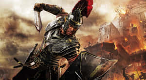 Roman soldier in battle armor charging through burning ruins. — War Wallpaper