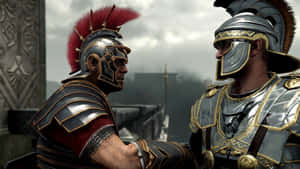 Two Roman soldiers in ornate armor face off in a tense standoff. — War Wallpaper