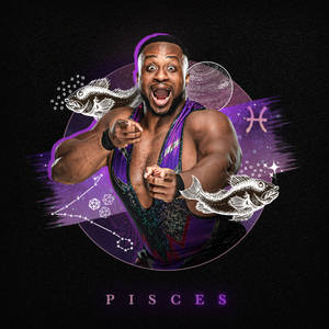 Wrestler i lilla tøj omgivet af fisk og stjernetegnssymboler på kosmisk baggrund. — E Wallpapers
