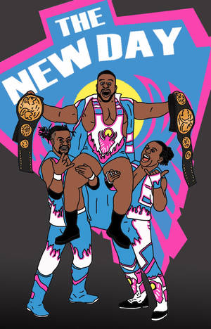 Tre WWE-brydere poserer med mesterskabsbælter i farverigt udstyr. — E Wallpapers