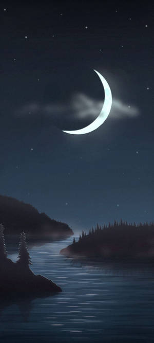 Halbmond und Sterne über einem ruhigen See mit bewaldeten Ufern in der Nacht. — Epic Wallpaper