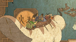 Fire animerede karakterer rider på en himmelbison over et stiliseret kort med bjerge og et solsymbol. — Appa Wallpapers