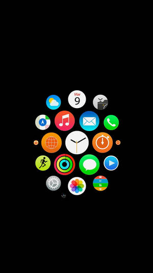 Cirkelvormige lay-out van iOS-app-pictogrammen op zwarte achtergrond — Apple Watch Achtergronden