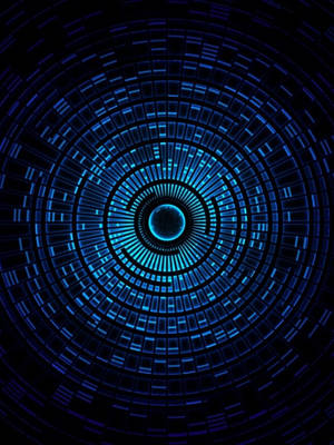 En glødende blå digital tunnel med koncentriske ringe, der forsvinder ind i et lyst centrum. — iPad Mini Wallpapers