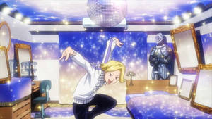 Anime girl dancing in a sparkly blue bedroom with disco ball and knight statue. — Bnha Wallpaper