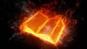 Un libro aperto in fiamme con fiamme arancioni brillanti e fumo su sfondo nero. — Fuoco Sfondi