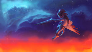 Winged creature flying through colorful cosmic sky with stars and nebulae. — Brawl Wallpaper