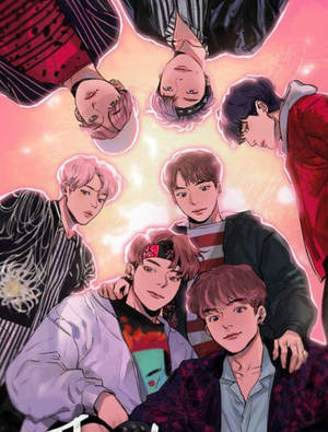Seven young male idols in anime style arranged in a starburst with glowing pink and orange background. — Bts Wallpaper
