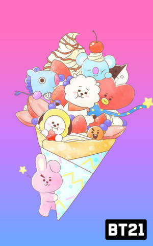 BT21-Charaktere in einer riesigen Eistüte mit Erdbeeren und einer Kirsche. — Bts Wallpaper