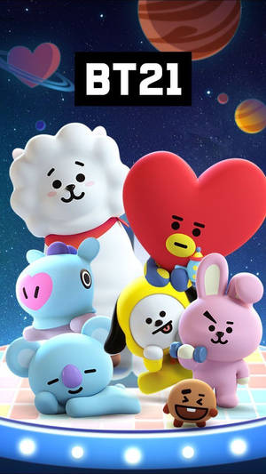 BT21-Figuren auf einer Bühne unter sternenklarem Himmel mit Planeten und Herzen. — Bts Wallpaper