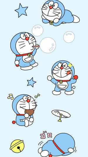 Doraemon den blå robotkat i forskellige legende positurer med bobler og gadgets. — Mønster Wallpapers