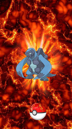 Pokémon blindado azul cercado por lava ardente com uma Poké Ball abaixo. — Pokémon Papéis de Parede