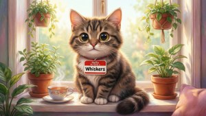 Fondo de pantalla de A tabby cat with a name tag sits by a window with plants and tea.