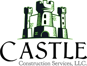Glowing green castle logo for Construction Services LLC on black background. — Castle Wallpaper