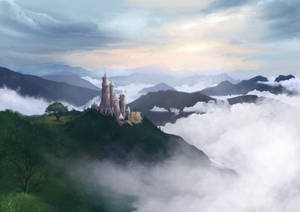 Castelo no topo da montanha acima do mar de nuvens ao amanhecer — Castelo Papéis de Parede