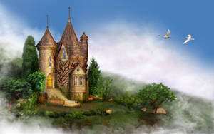 Whimsical stone castle with turrets and ivy on a misty hill with swans flying overhead. — Castle Wallpaper