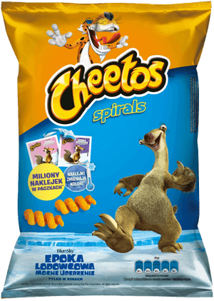Cheetos Spirals snack bag with Ice Age sloth character on icy background. — Food PNG