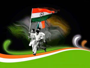 Trois coureurs en uniforme portant le drapeau indien à travers une vague abstraite colorée. — Vector Art Fonds d'écran