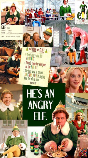 A festive collage from the movie 'Elf' showing Buddy the Elf in holiday scenes. — Holiday Wallpaper