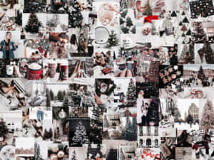 Kerstcollage met bomen, drankjes en feestelijke decoratie in zwart, wit en rood. — Mac Achtergronden