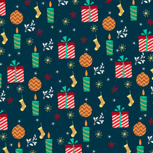 Patrón navideño festivo con regalos, velas, adornos y calcetines sobre fondo azul oscuro. — Diseño de Imágenes Fondo Fondos