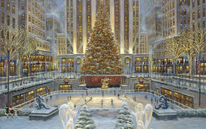 Una escena invernal festiva con un árbol de Navidad gigante y una pista de hielo en una plaza de la ciudad. — Digital Fondos de pantalla