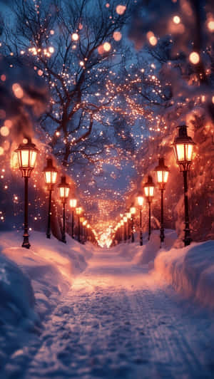 Snowy path lit by glowing lanterns under a starry winter sky. — Holiday Wallpaper